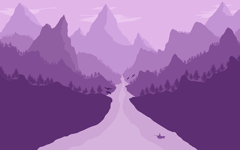 mountains, river, forest, purple landscape, minimal, HD wallpaper