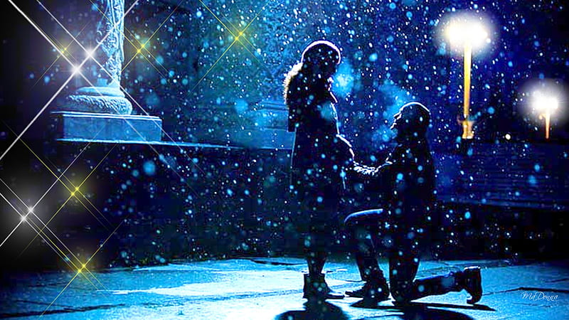 Love in the Snow, valentines day, stars, romantic, lamps, proposal, lights, winter, sparkles, cold, lovers, snow, love, couple, night, HD wallpaper