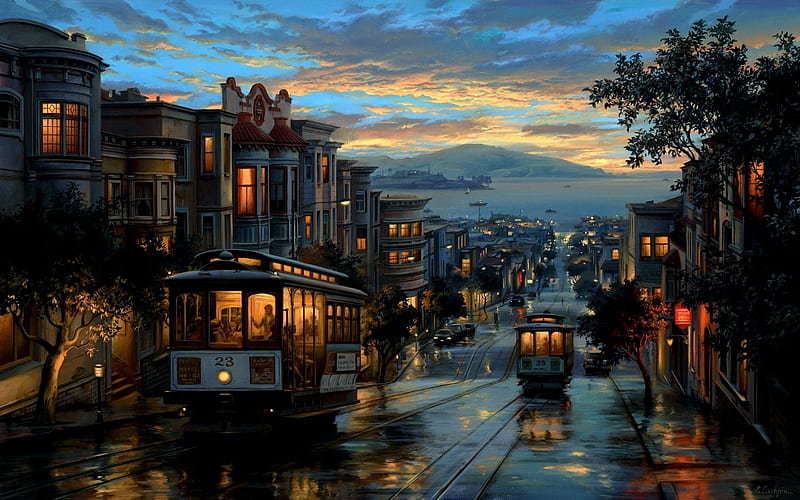 Streetcars in San Francisco, Trolly, rain, Streetcars, Sky, Clouds, San Francisco, Night, HD wallpaper