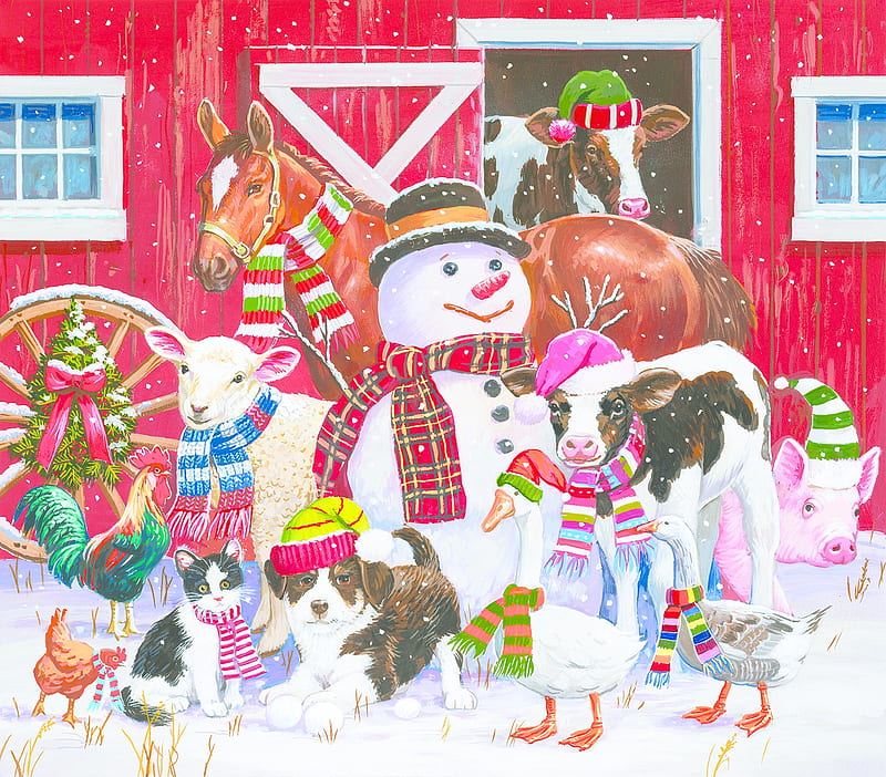 Ready for winter, pink, pictura, dog, iarna, animal, farm, caciun, duck, painting, rooster, art, cow, pig, christmas, caine, goose, snowman, horse, cat, winter, hat, cal, santa, bird, pisici, HD wallpaper