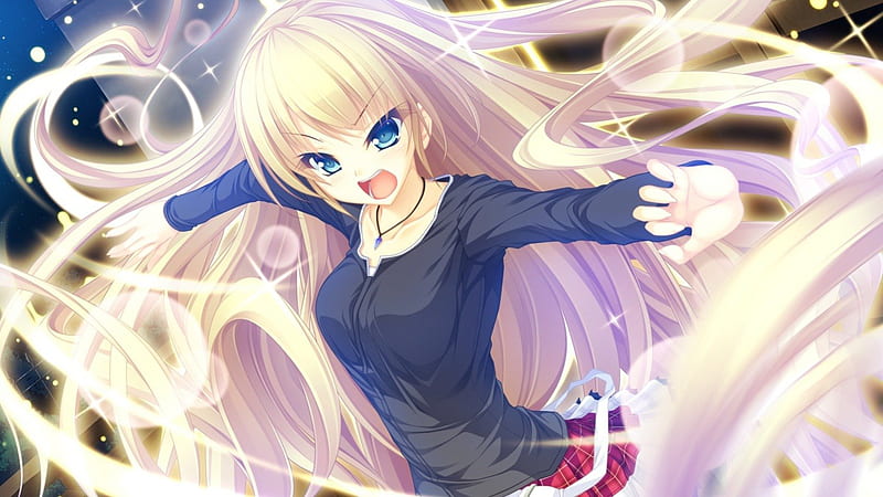 I KILL YOU!, pretty, game, bonito, angry, lights, sweet, nice, anime, beauty, anime girl, long hair, blue eyes, night, female, lovely, skirt, blonde hair, cute, cool, awesome, HD wallpaper