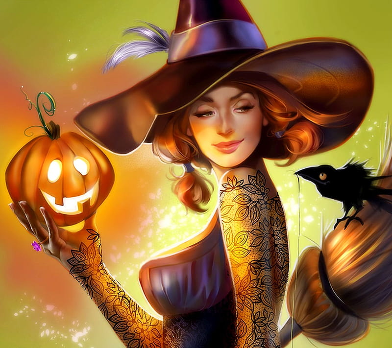 Gift, witch, jack-o-lantern, Halloween, magic, crow, HD wallpaper | Peakpx