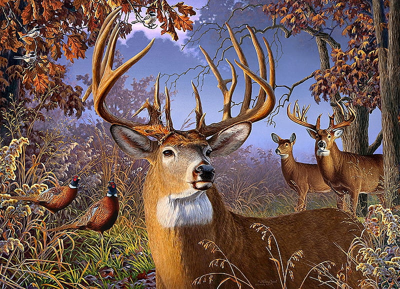 Deer and Pheasant, leaves, trees, animals, painting, birds, artwork, HD wallpaper
