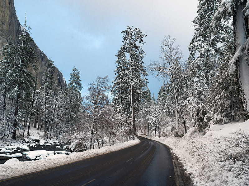 road, snow, winter, turn, valley, landscape, HD wallpaper
