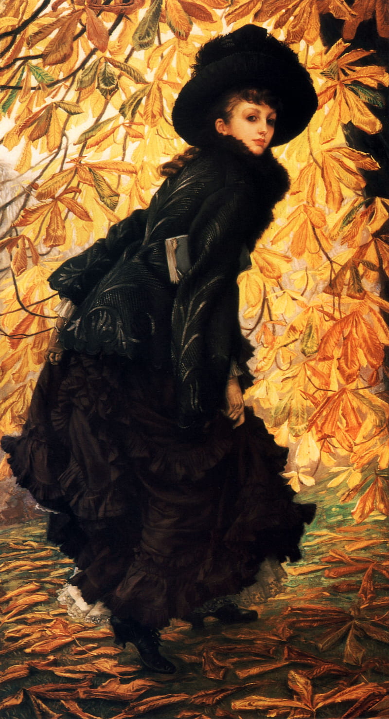 artwork, painting, women, dress, black dress, books, leaves, James Tissot, HD phone wallpaper
