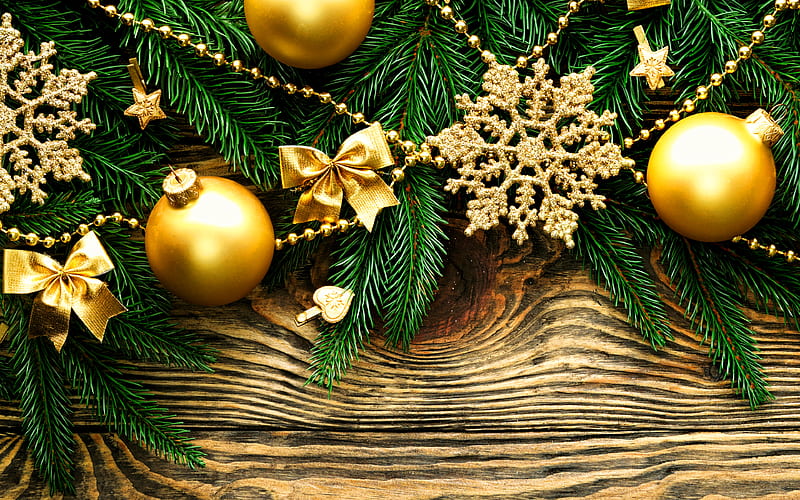 golden stars, golden christmas balls, wooden backgrounds, christmas decorations, Happy New Year, xmas balls, xmas stars, Merry Christmas, new year concepts, HD wallpaper