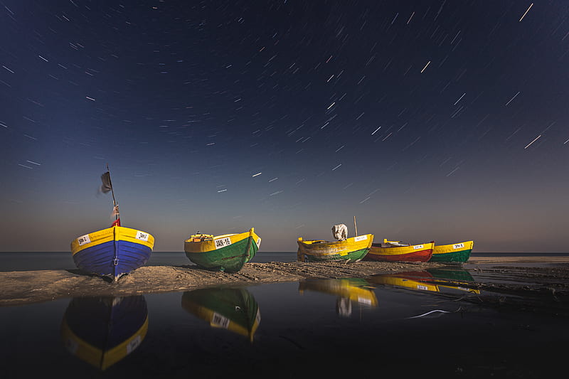 green and yellow boats on water during night time, HD wallpaper