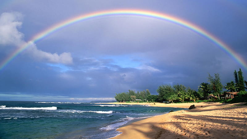 Beautiful rainbow, shore, bonito, rainbow, clouds, sea, , graph, pic, ocean, sky, wall, trees, colours, island, nature, HD wallpaper