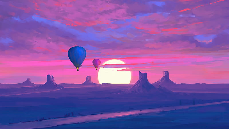 Artistic, Landscape, Desert, Horizon, Hot Air Balloon, Sunset, HD wallpaper