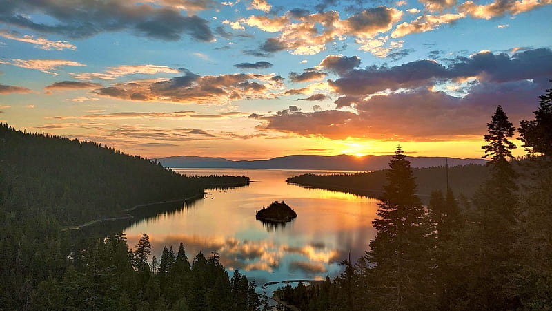 Sunrise at Emerald Bay in Lake Tahoe, California, sky, landscape, colors, clouds, trees, usa, HD wallpaper