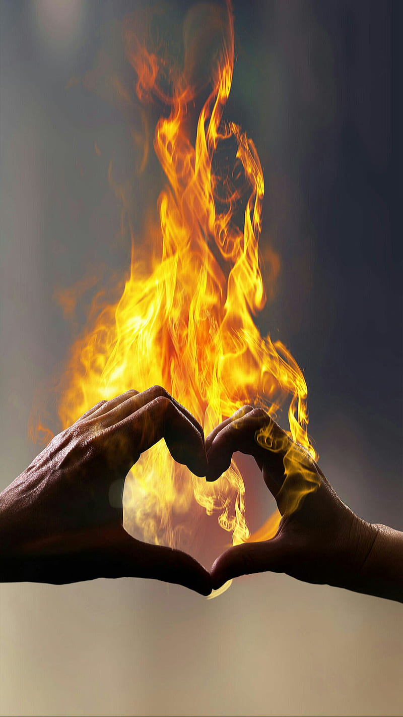 hands-heart-fire, burn, fire, hand, heart, love, forma, HD phone wallpaper
