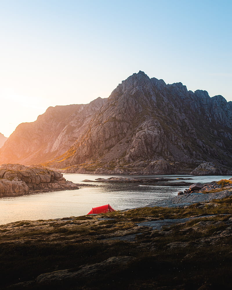 tent, camping, rocks, mountains, lake, HD phone wallpaper