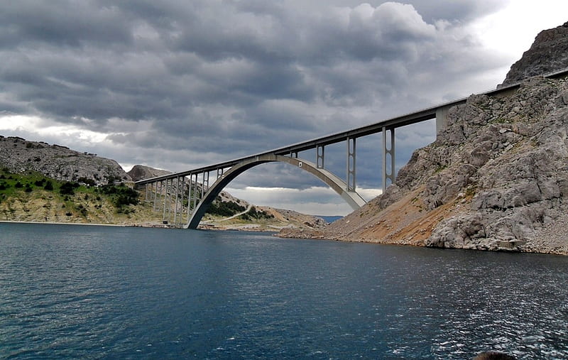 Bridge, highway, croatia, adriatic, sky, sea, landscape, HD wallpaper