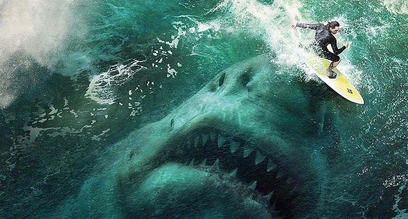 The Meg 2018, sea, surfer, the meg, movie, man, poster, shark, water, HD wallpaper