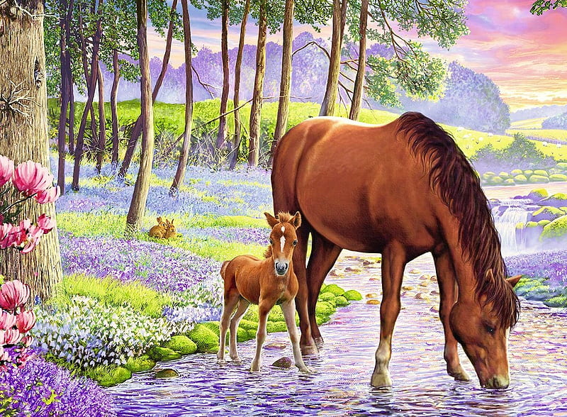 Wild Beauty, painting, flowers, blossoms, spring, foal, horse, trees, HD wallpaper