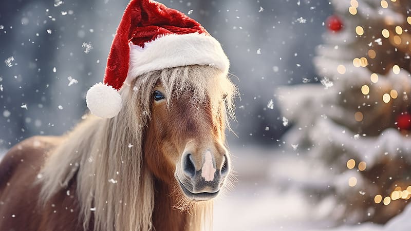 :), horse, craciun, iarna, christmas, cal, poney, hat, santa, winter, HD wallpaper