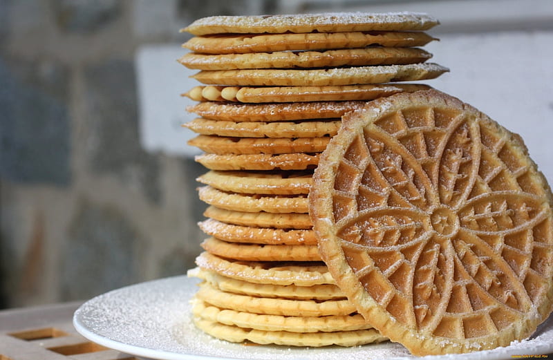 Tower of Pizzelles, Italian, fluffy, yum, designed, round, tower, texture, flowers, crisp, Pizzelle, delicious, food, treats, powdered sugar, cookies, dish, white, HD wallpaper