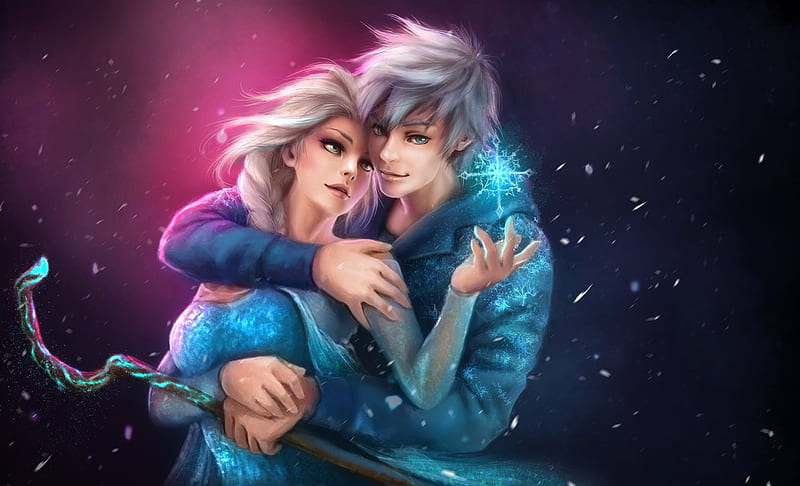 Elsa and Jack Frost, fanart, luminos, guy, elsa, man, jack frost, winter, boy, fantasy, girl, snow queen, princess, pink, couple, disney, blue, HD wallpaper