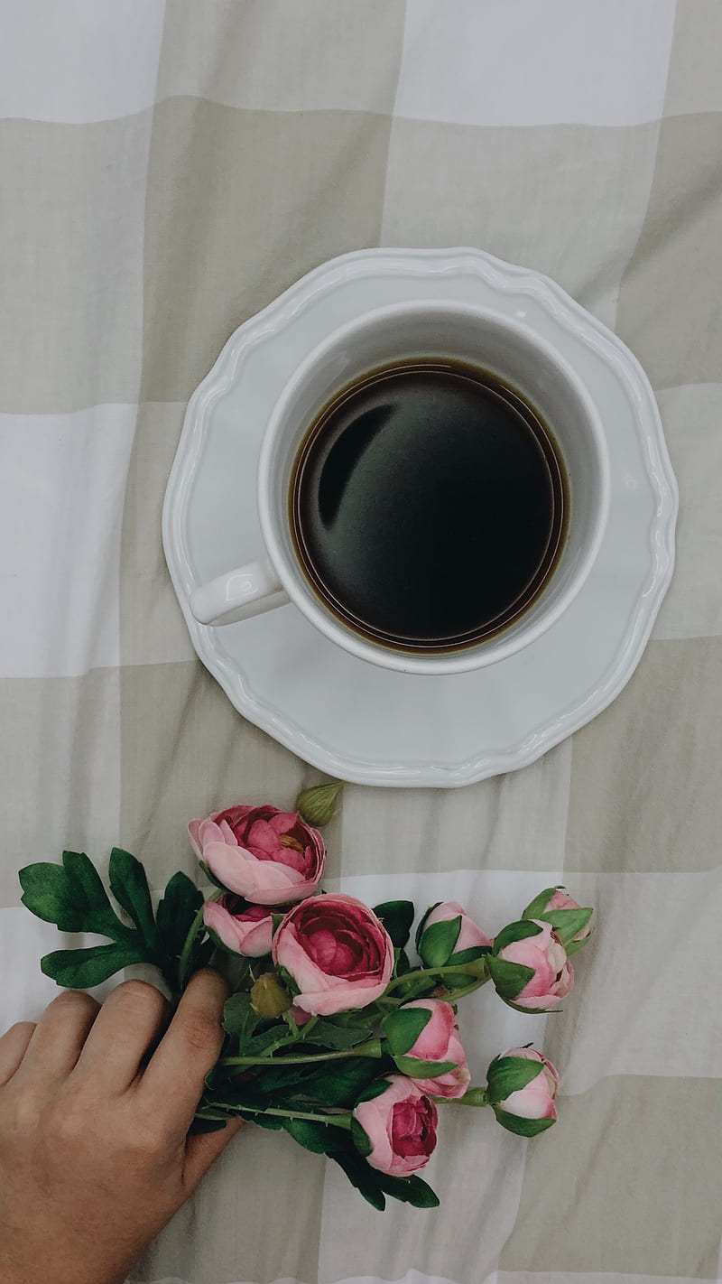 coffee, cup, flowers, hand, HD phone wallpaper