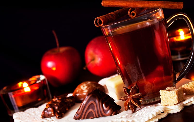 Tea, apple, candle, candy, drinks, apples, sugar, chocolate, cinnamon, candles, drink, HD wallpaper