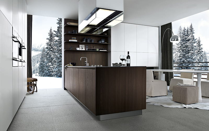 brown kitchen, brown interior, modern design, white walls, minimalist interior, white armchairs, HD wallpaper