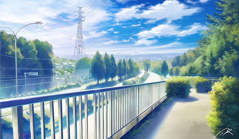 Paisaje anime, valla, calle, árboles, nubes, camino, anime, Fondo de  pantalla HD | Peakpx
