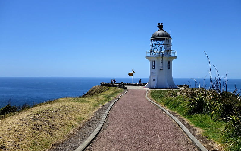 Lighthouse in New Zealand, New Zealand, road, ocean, lighthouse, HD wallpaper