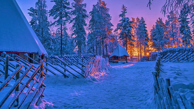Huts in Lapland, Finland, sunset, snow, colors, landscape, trees, sky, HD wallpaper