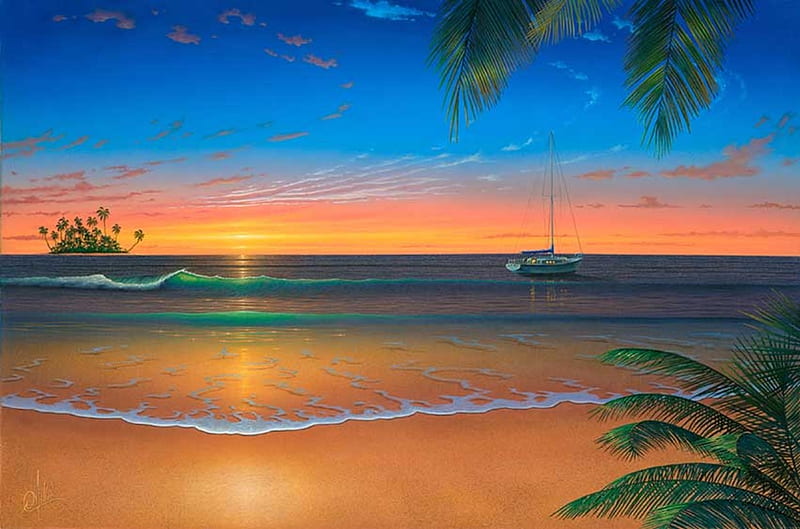 ISLAND ROMANCE, beach, boat, ocean, sunset, island, HD wallpaper | Peakpx