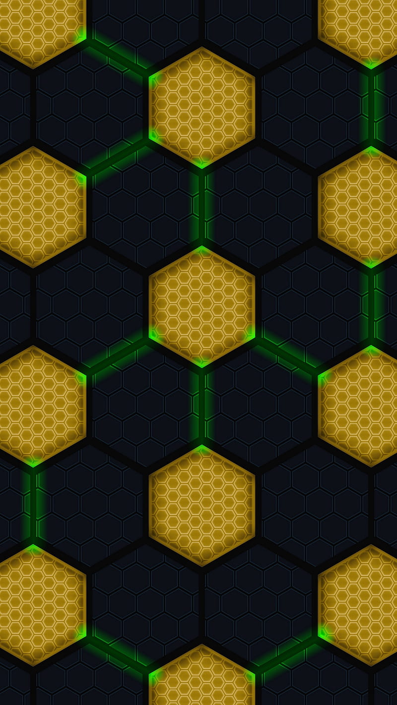 Yellow Hexagon , glow, connections, circles, diagram, hexagons, HD phone wallpaper