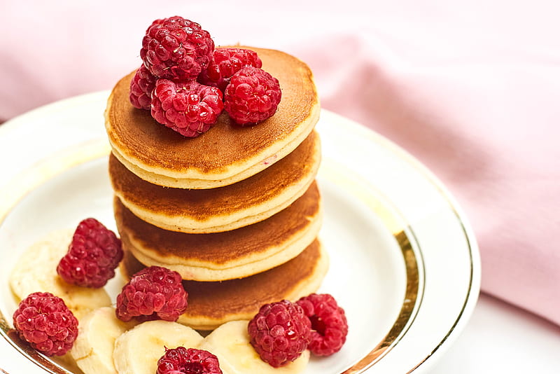 pancakes, raspberries, berries, banana, dessert, HD wallpaper