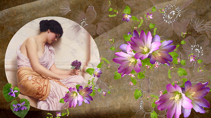 Victorian Beauty, flowers, firefox persona, bonito, corazones, lady, woman, vintage, HD wallpaper