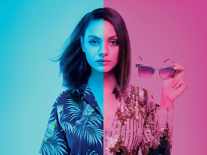 The spy who dumped me 2018, poster, movie, the spy who dumped me, sunglasses, girl, actress, pink, blue, Mila Kunis, HD wallpaper