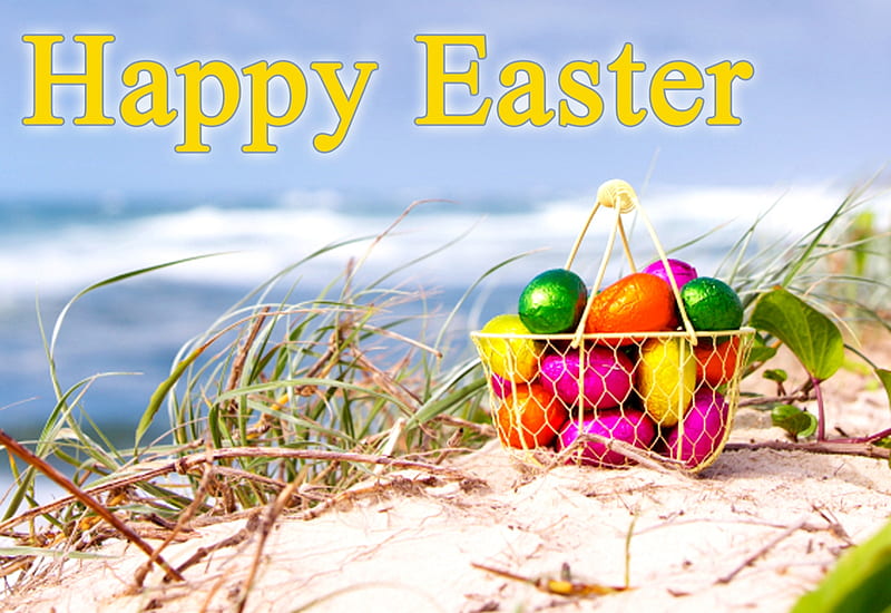 Happy Easter, beach, holidays, basket, eggs, greetings, sea, HD wallpaper