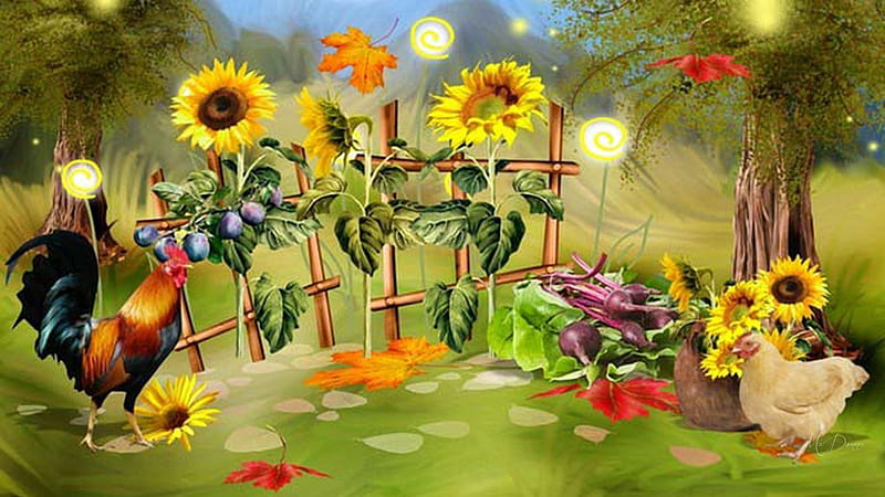 Grandmas Garden, fruit, rooster, leaves, sunflowers, garden, vegetables, chickens, Firefox Persona theme, HD wallpaper