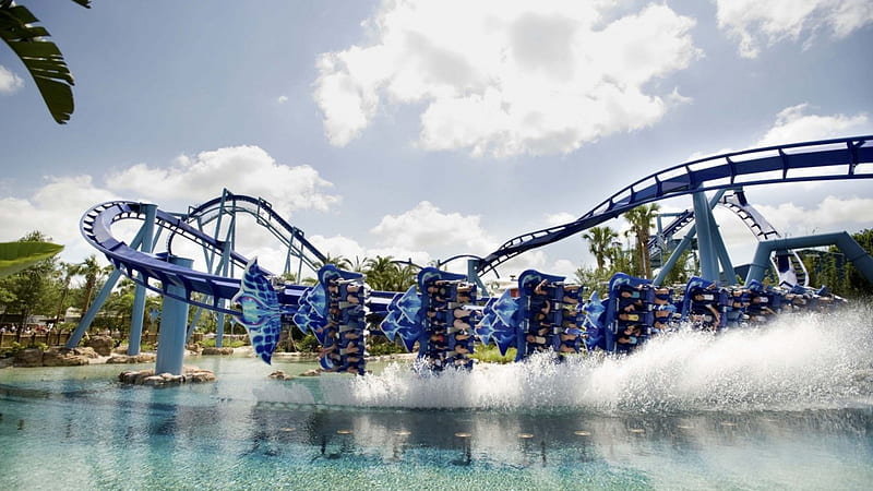 awesome roller coaster, amusement park, roller coaster, spray, pool, sky, HD wallpaper