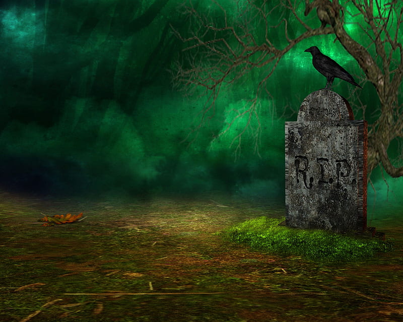 ✼.GraveStone.✼, grass, gravestone, groud terrain, creepy, green, stock , forests, resources, animals, raven, premade, places, creative pre-made, trees, tombstone, bird, plants, crow, backgrounds, nature, HD wallpaper