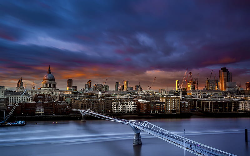 Millennium Bridge, London, City panorama, England, evening, sunset, St Pauls Cathedral, River Thames, HD wallpaper