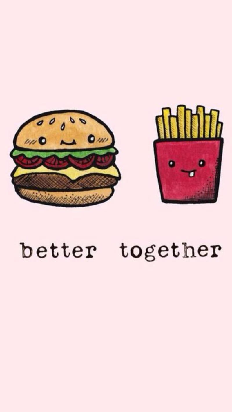 Better together, burger, cute, cute food, food, french fries, fries, hamburger, HD phone wallpaper