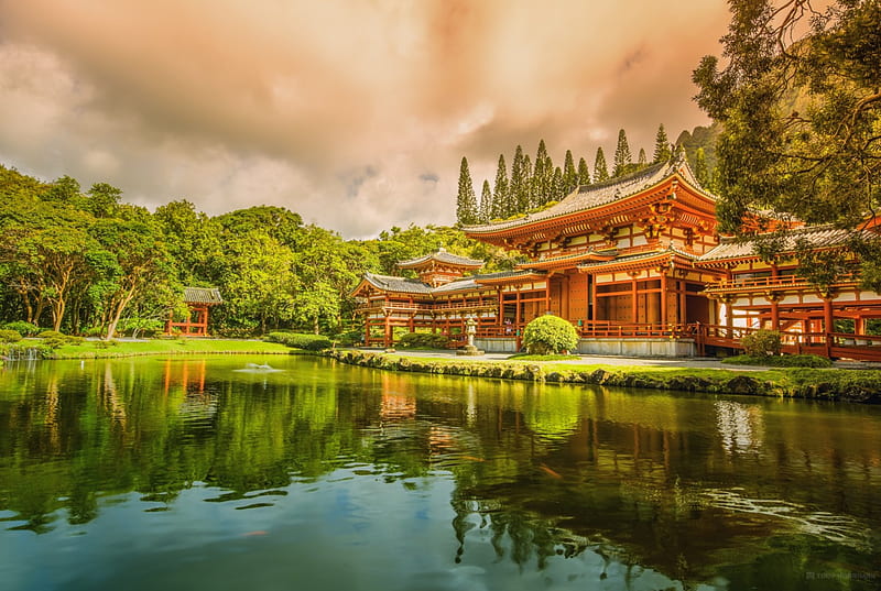 *** HAWAII - Oahu buddist temple ***, buddist, temple, nature, lake, HD wallpaper