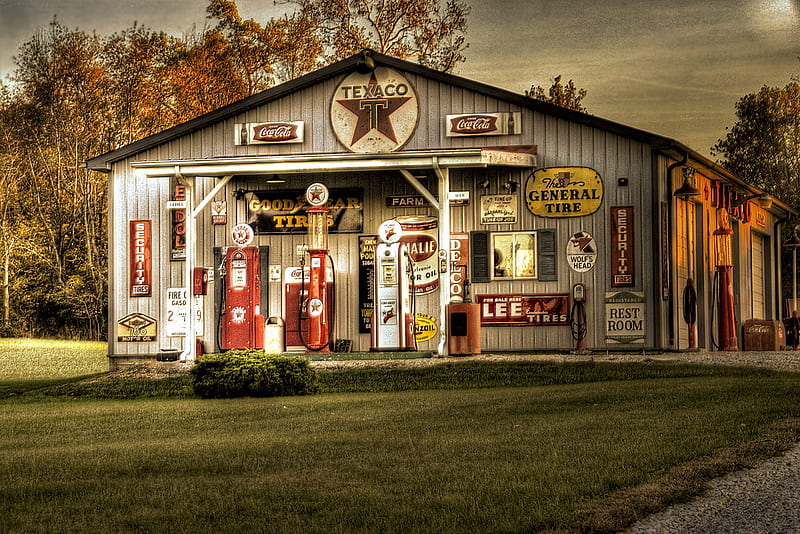 Texaco Station...Fill 'er up?, service island, tirebay, pa, country store, gas pumps, down south, old, tire bay, southern, tires, service station, texaco, general store, mom, pop, gas station, ma, antique, air, family business, HD wallpaper