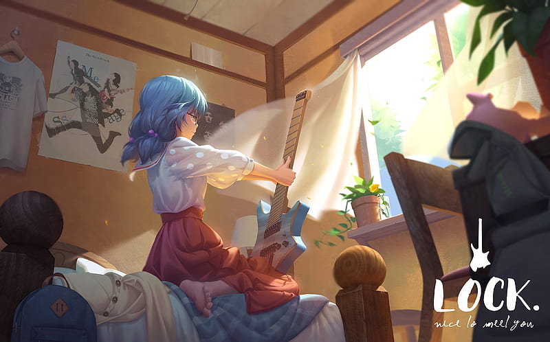 asahi rokka, bang dream, room, megane, curtain, blue hair, guitar, Anime, HD wallpaper