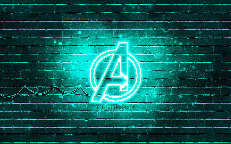 Avengers turquoise logo turquoise brickwall, Avengers logo, superheroes, Avengers neon logo, Avengers, HD wallpaper