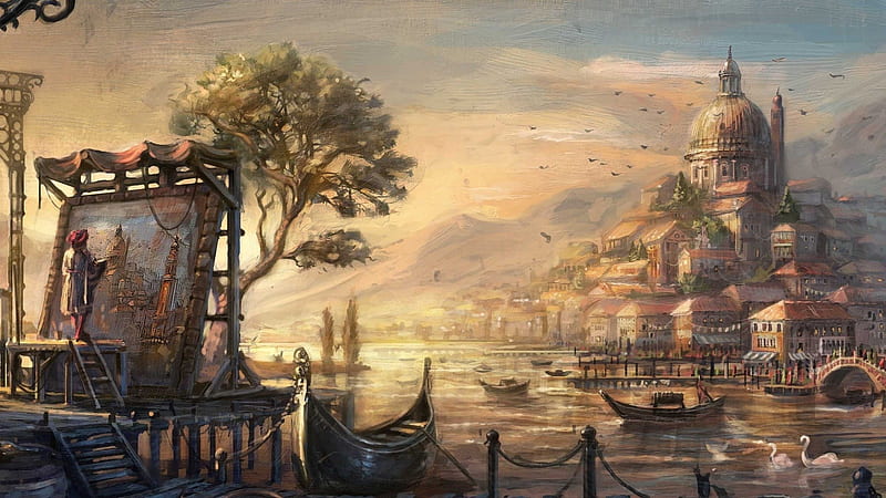 fantasy world, painter, landscape, sea, boats, buildings, Fantasy, HD wallpaper