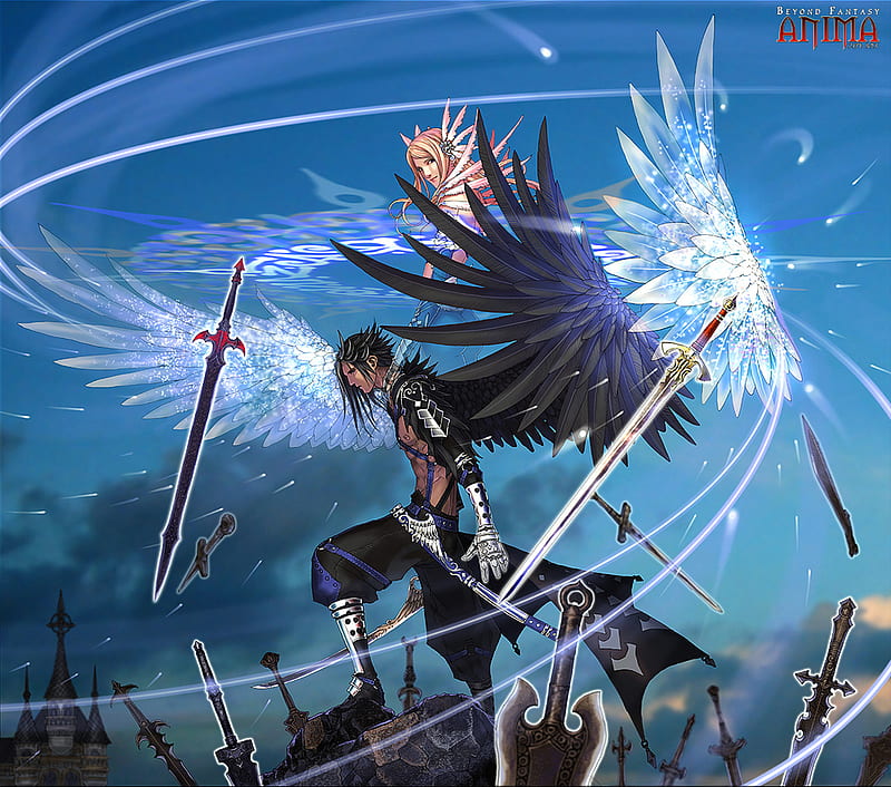 Swords Warrior, black wing, fighter, anime boy, fantasy, hot, anime girl,  swords, HD wallpaper | Peakpx