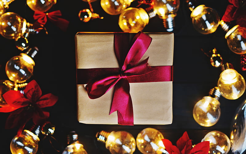 Christmas gift, red silk bow, gift box, light bulbs, Christmas, New Year, Merry Christmas, HD wallpaper