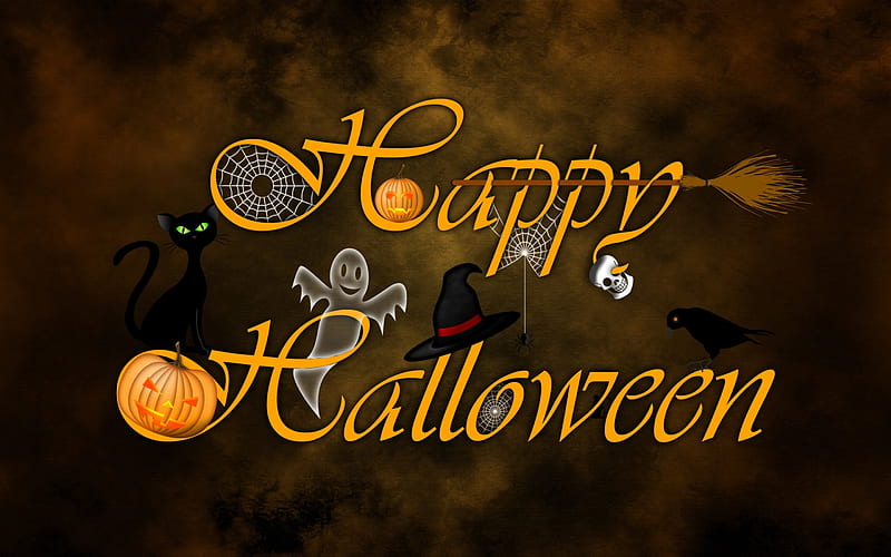 Happy Halloween, Fall, halloween, spiderwebs, spider, witches hat, broom, webs, raven, cat, hat, ghost, bird, black cat, Autumn, skull, pumpkins, HD wallpaper