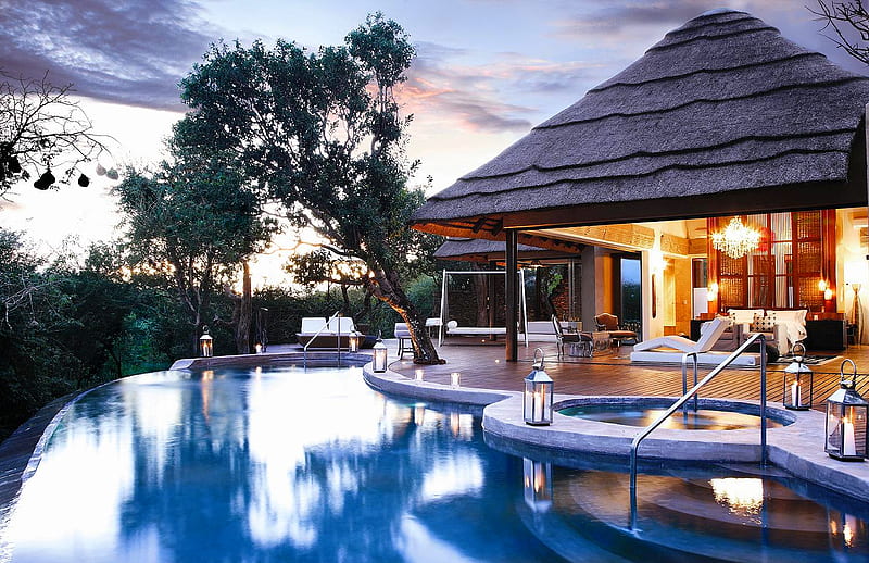 Great escape, lodge, retreat, game, pool, outdoors, south africa, hot tub, molori, bush, safari, luxury, HD wallpaper