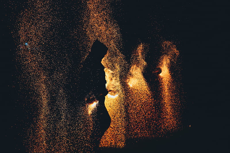 silhouette, torches, sparks, fire, fire show, dark, HD wallpaper