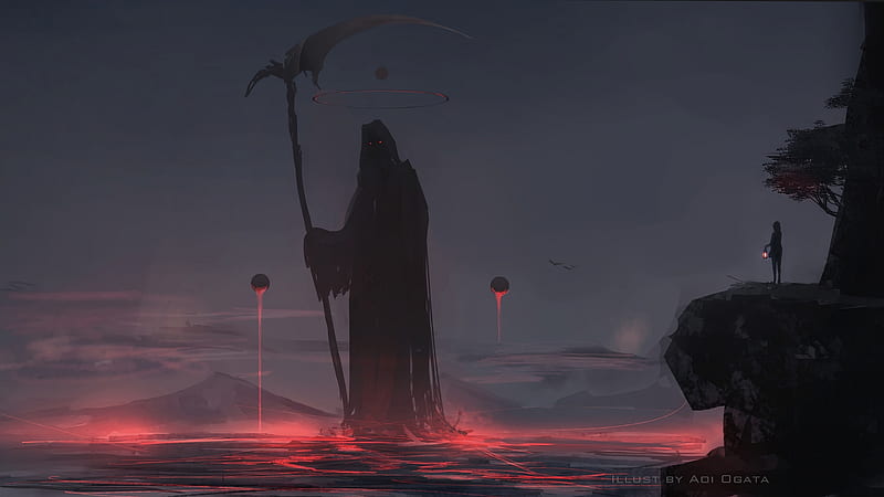 Grim Reaper, art, aoi ogata, fantasy, black, sunset, pink, silhouette, death, HD wallpaper